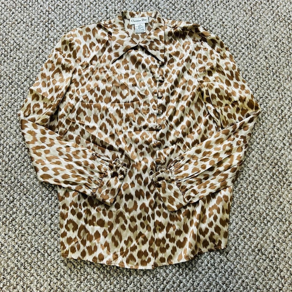 Christian Dior Shirt Womens 2 Brown Leopard Silk Button Front Long Sleeve Top